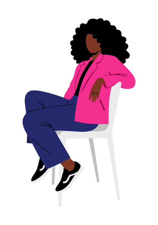 Illustration shows a confident woman with afro hairstyle sitting relaxed on a white chair wearing pink jacket and blue pants casual style calm mood.のイラスト素材