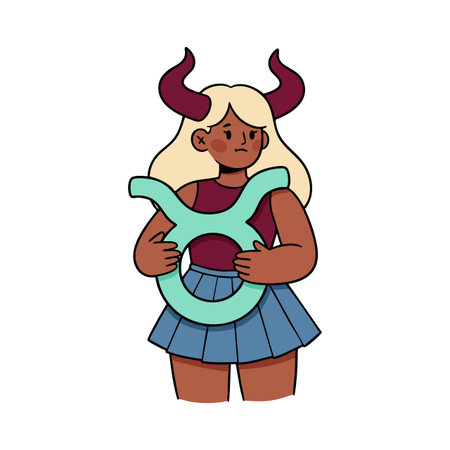 Vector illustration shows a woman holding a Taurus zodiac symbol with horns and a skirt representing astrological sign in a calm mood.のイラスト素材