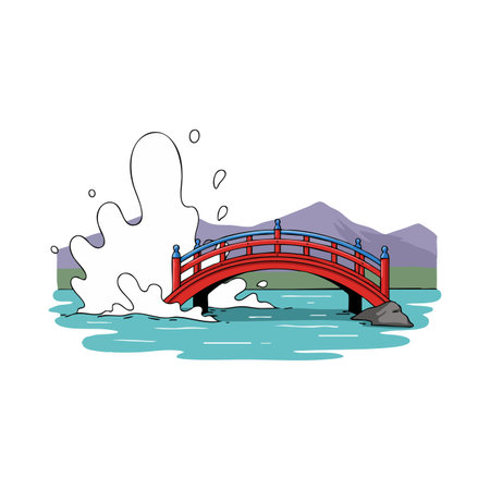 Illustration shows a red Japanese-style bridge over blue water with a splash and purple mountains in the background. Calm and serene mood.のイラスト素材