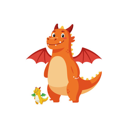 This vector illustration shows a cheerful orange dragon with red wings standing beside a small baby dragon. The scene is playful and friendly.のイラスト素材