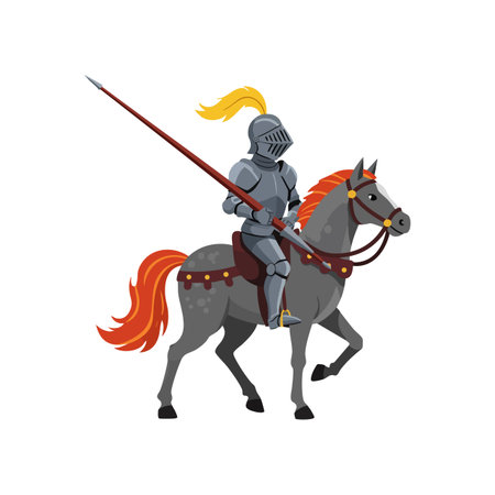 Illustration shows a medieval knight in full armor riding a gray horse with orange mane and tail holding a lance, in a dynamic pose, heroic mood.のイラスト素材