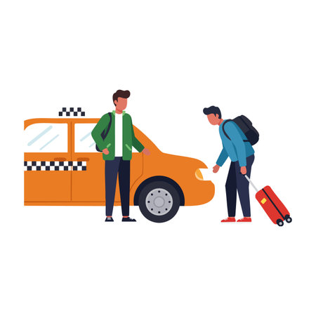Illustration shows a taxi driver assisting a passenger with a suitcase near an orange taxi, conveying helpfulness and travel convenience mood.のイラスト素材