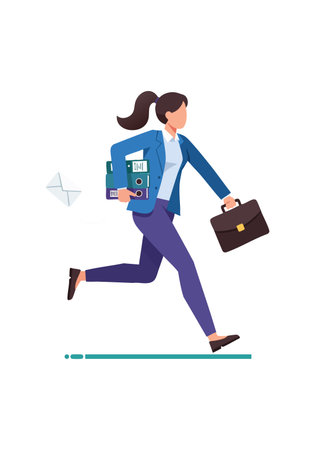 Illustration of a businesswoman running fast with briefcase and documents, showing urgency and dynamic movement, energetic and focused mood.のイラスト素材