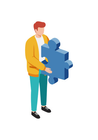 Illustration shows a man in casual outfit holding a large blue puzzle piece, symbolizing problem solving and teamwork, calm atmosphere.のイラスト素材