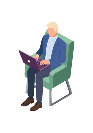 A man types on a laptop while seated in a green chair, dressed in a blue jacket and brown shoes, focused and productive mood.のイラスト素材
