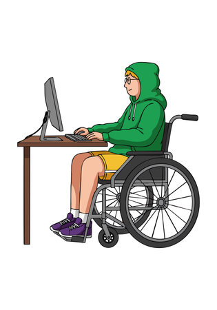 Person in wheelchair works on desktop computer wearing casual green hoodie and yellow shorts in a focused and calm mood.のイラスト素材