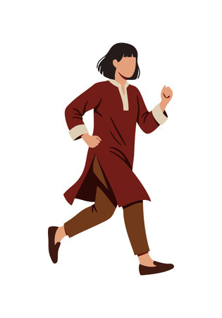 Illustration of a woman walking confidently in traditional maroon clothing and brown pants, showing casual motion and cultural style, lively mood.のイラスト素材