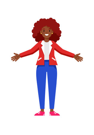 Illustration of a cheerful woman with curly hair, open arms, and casual attire expressing friendliness and warmth. Bright and positive mood.のイラスト素材