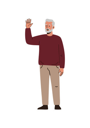 Illustration of an elderly man with gray hair and beard waving hand, wearing casual clothes, standing and smiling with a friendly expression, cheerful mood.のイラスト素材