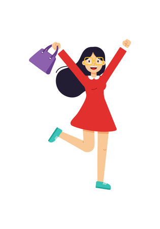 Illustration of a joyful woman with glasses and red dress jumping with a purple handbag, expressing happiness and excitement. Cheerful mood.のイラスト素材
