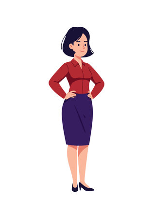 Illustration shows a confident businesswoman standing with hands on hips dressed in red blouse and purple skirt. The style is professional and calm.のイラスト素材