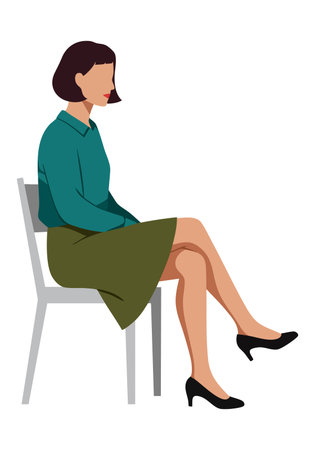 Illustration of a woman sitting on a chair with crossed legs wearing a green skirt and teal blouse, showing calm posture and elegance.のイラスト素材