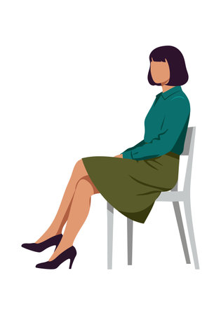 Vector image of a woman sitting calmly on a chair wearing a teal blouse and green skirt, presenting a relaxed and composed mood.のイラスト素材
