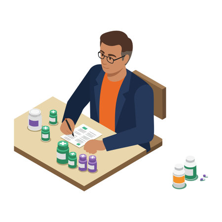Illustration shows man sitting at desk writing prescriptions with multiple pill bottles around, conveying focus and professionalism. Calm mood.のイラスト素材