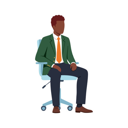 Illustration of a businessman sitting on an office chair dressed in a green jacket and orange tie, portraying a professional and calm mood.のイラスト素材