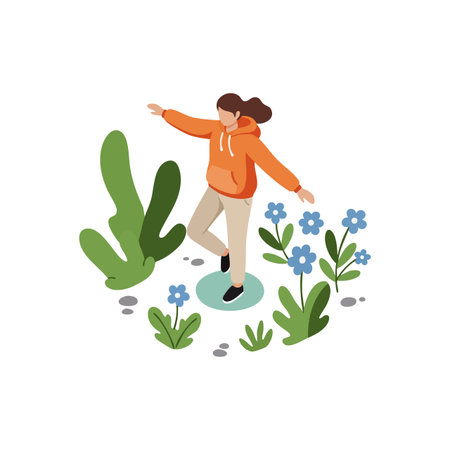 Woman in orange hoodie balances on one foot amidst green plants and blue flowers in a natural setting, creating a calm and peaceful mood.のイラスト素材