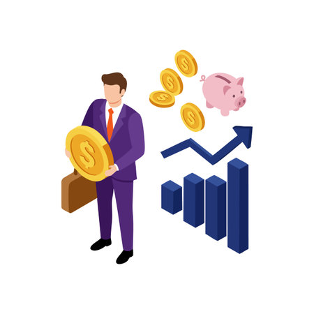 Illustration shows businessman holding large gold coin with rising financial graph and piggy bank, symbolizing growth and savings, in a clear style. Positive.のイラスト素材