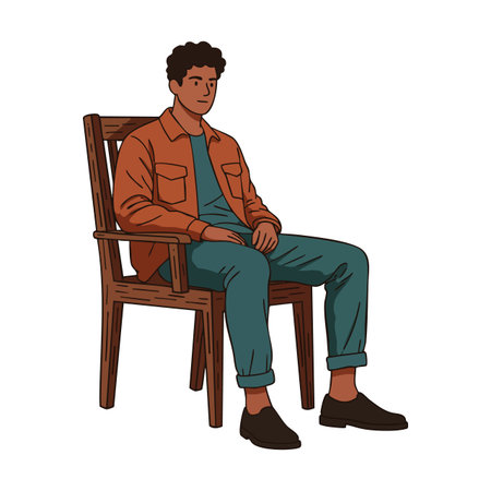 Illustration shows a young man seated on a wooden chair wearing a brown jacket and teal pants, presenting a calm and relaxed mood.のイラスト素材