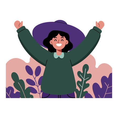 Illustration shows a happy woman wearing a large purple hat and green sweater with raised arms among stylized plants, conveying joy and energy.のイラスト素材