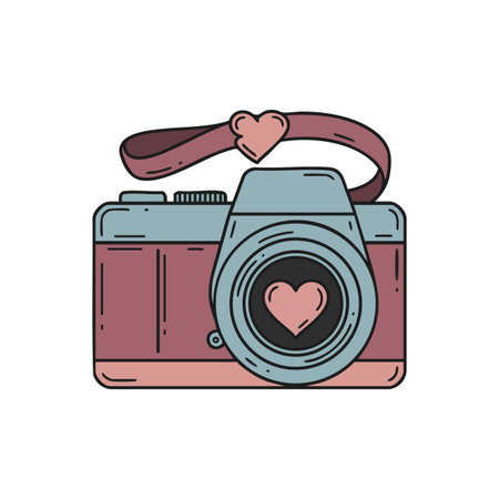 Illustration of a vintage camera featuring a heart-shaped lens and matching strap in soft muted colors, evoking romance and warmth.のイラスト素材