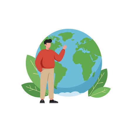 Illustration shows a man standing next to a large Earth globe with green leaves symbolizing environmental awareness and care, calm mood.のイラスト素材