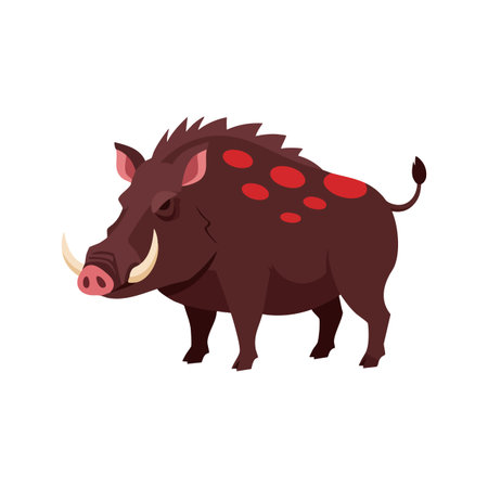 Illustration shows a wild boar with red spots standing sideways with a confident expression in vector cartoon style, playful mood.のイラスト素材