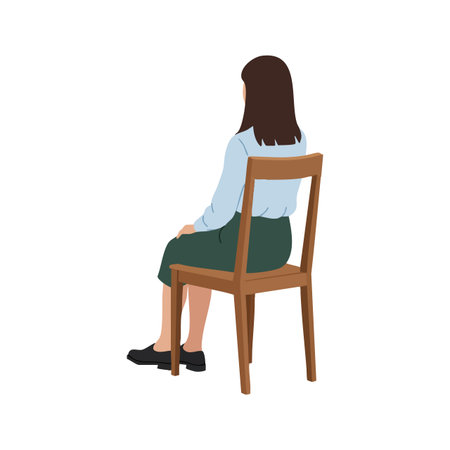 Woman with brown hair sits quietly on a wooden chair wearing a blue blouse and green skirt, viewed from behind, calm and contemplative.のイラスト素材
