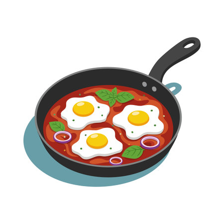 Vector shows three fried eggs in tomato sauce with basil and onion rings cooking in a black frying pan. Bright and appetizing.のイラスト素材