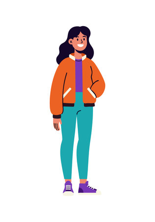 Illustration of a young woman standing and smiling, dressed in casual colorful clothing, conveying a friendly and relaxed mood.のイラスト素材
