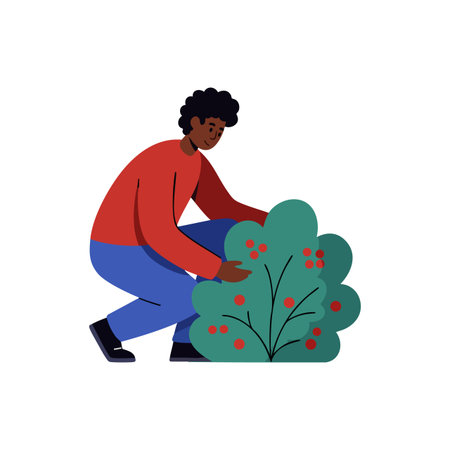 Illustration shows a man tending a green bush with red berries, wearing red and blue clothing, in a simple flat style. Calm.のイラスト素材