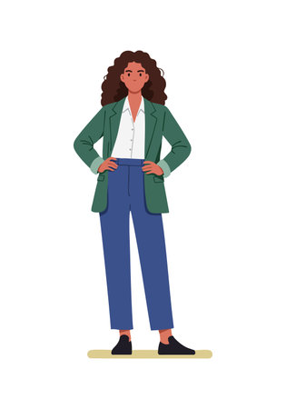 Woman with curly hair stands confidently in green jacket and blue pants with hands on hips, showing empowerment and poise. Calm mood.のイラスト素材