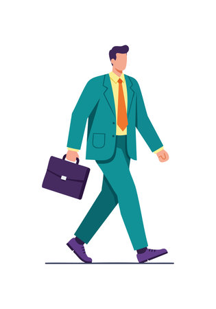 This vector shows a businessman walking confidently in a teal suit and orange tie, carrying a briefcase. The style is simple and professional. Motivational mood.のイラスト素材
