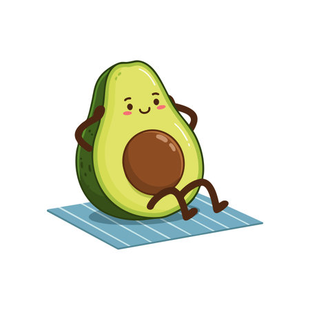 This vector illustration shows a cute avocado character sitting on a blue mat with a smiling face and relaxed pose. Cheerful and playful.のイラスト素材