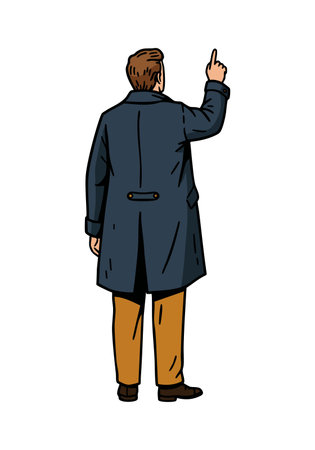 Illustration of a man viewed from behind pointing upward with his finger, dressed in a long dark blue coat and brown pants, confident mood.のイラスト素材