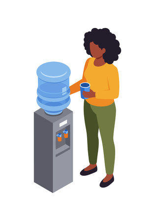Woman with curly hair fills cup at water cooler in casual clothing, promoting hydration and refreshment in workplace environment, cheerful mood.のイラスト素材