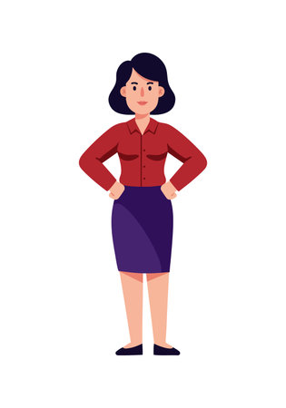 Illustration shows confident businesswoman standing with hands on hips wearing red shirt and purple skirt, exuding professionalism and empowerment. Motivational mood.のイラスト素材