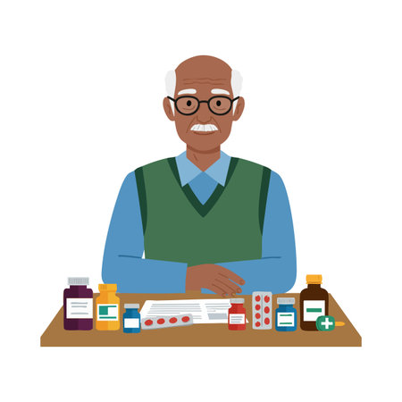 Illustration shows elderly man with glasses sitting at table surrounded by diverse medication containers and pills, conveying health awareness. Calm mood.のイラスト素材