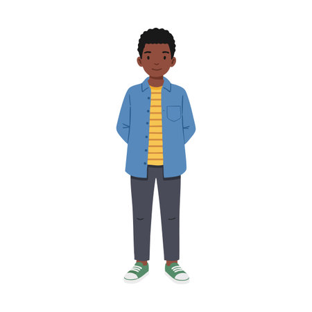 This vector illustration depicts a boy standing with hands behind his back wearing casual clothing...