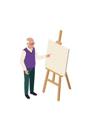 Vector illustration showing an elderly man with glasses pointing at a blank canvas on a wooden easel, in a clean isometric style. Calm.のイラスト素材
