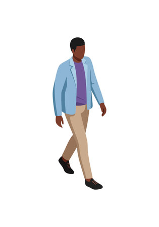 Vector illustration of a man walking wearing a blue jacket, purple shirt, beige pants, and black shoes in a simple style, minimal mood.のイラスト素材