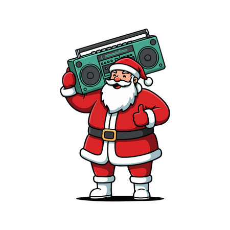 Santa Claus stands confidently holding a green boombox on his shoulder wearing a red suit with white fur trim, spreading holiday cheer lively.のイラスト素材