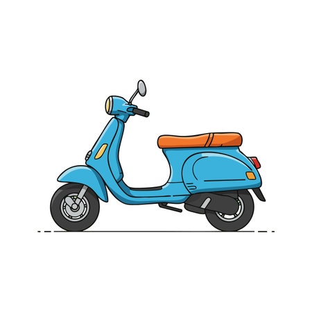 This vector illustration shows a blue vintage scooter with an orange seat in side profile, featuring simple lines and clear details. Calm.のイラスト素材