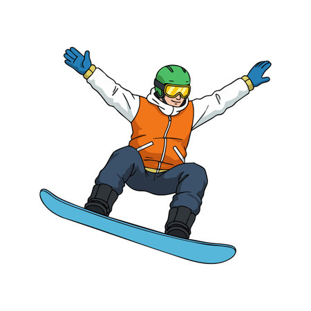 Snowboarder wearing green helmet and orange jacket performing a jump on a blue snowboard in mid-air, conveying dynamic winter sports energy.のイラスト素材