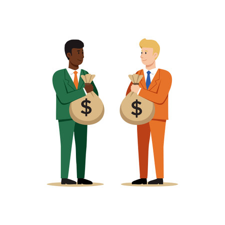 Illustration shows two businessmen standing with money bags in green and orange suits representing financial success and partnership calm mood.のイラスト素材