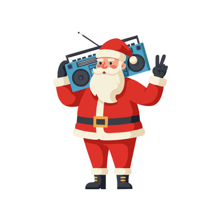 Santa Claus carries a radio on his shoulder while making a peace sign, expressing a joyful and festive Christmas mood.のイラスト素材
