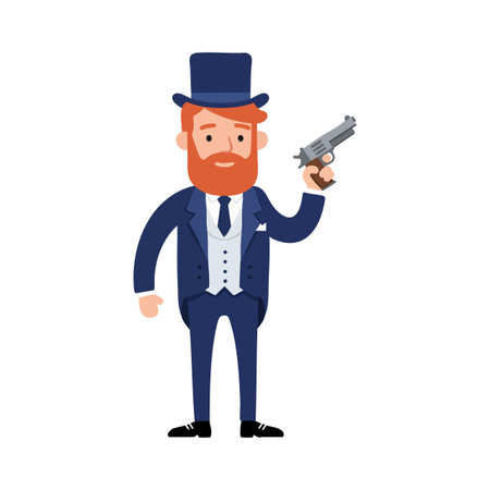 Illustration shows Victorian gentleman in blue suit and top hat holding a revolver with a calm expression, vintage style. Calm mood.のイラスト素材