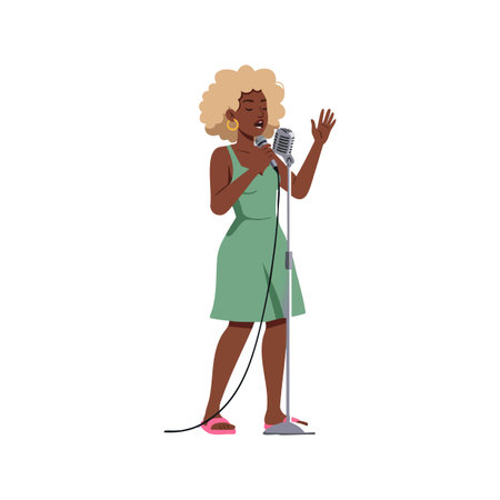 Female singer performs passionately with a vintage microphone, wearing a green dress and blonde curly hair, on a white background, lively mood.のイラスト素材