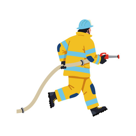 Firefighter wearing yellow protective gear and blue helmet runs holding a hose, illustrating emergency response action. Dynamic and focused mood.のイラスト素材
