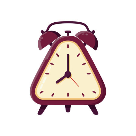Illustration shows a vintage triangle alarm clock with burgundy bells and cream face, displaying time in a simple design, calm mood.のイラスト素材