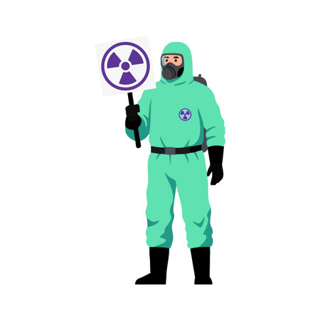 Illustration shows a person wearing a teal hazmat suit and gas mask holding a radioactive warning sign, emphasizing safety and hazard awareness. Serious mood.のイラスト素材